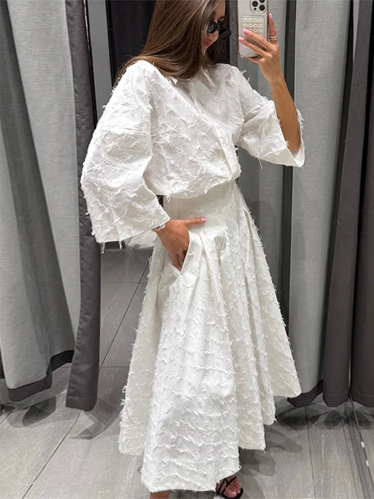 Women Pleated Skirt Set Long Sleeve Shirt and Maxi Skirt Outfit