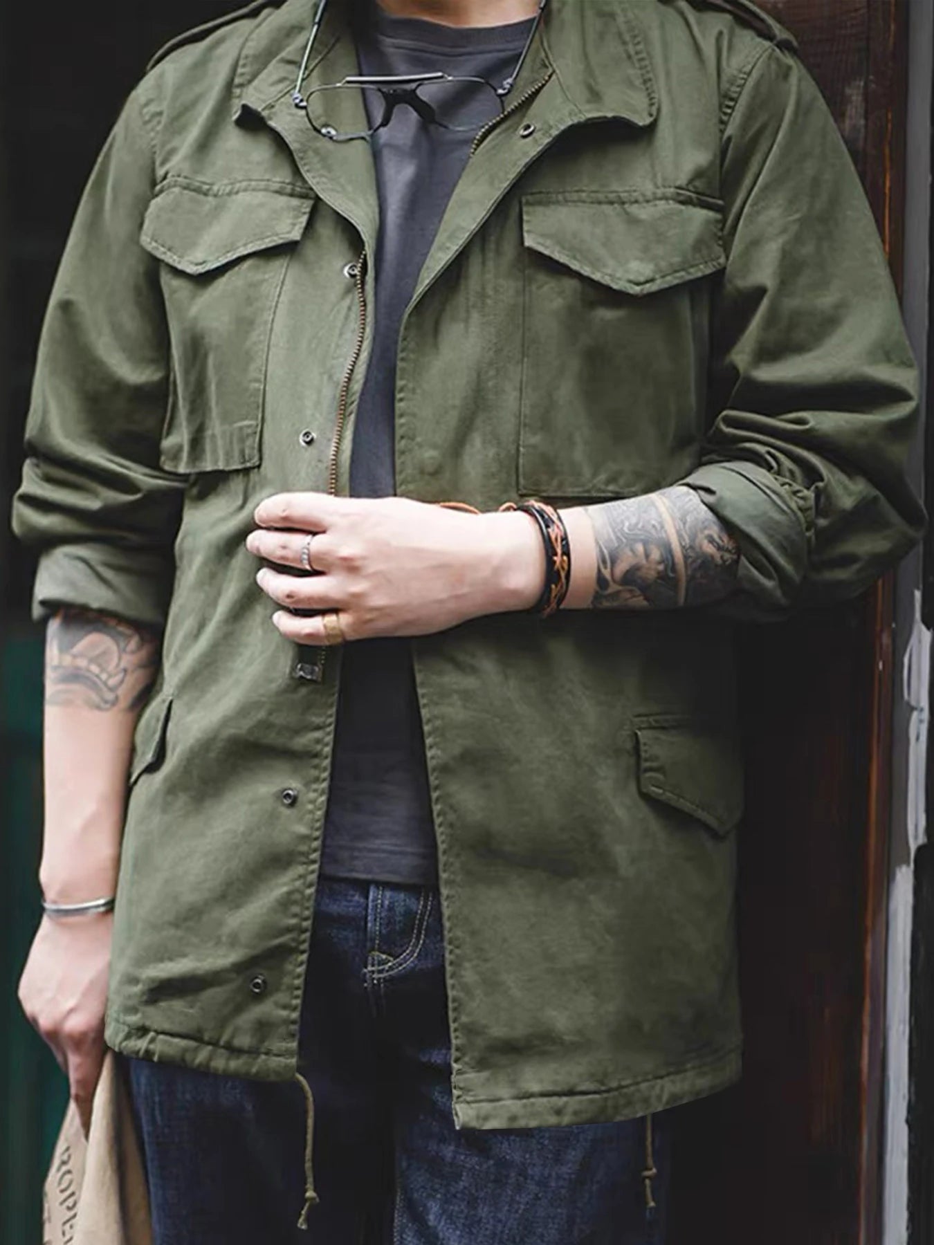 Men Military Field Jacket Retro Cotton Multi Pocket Zipper Coat