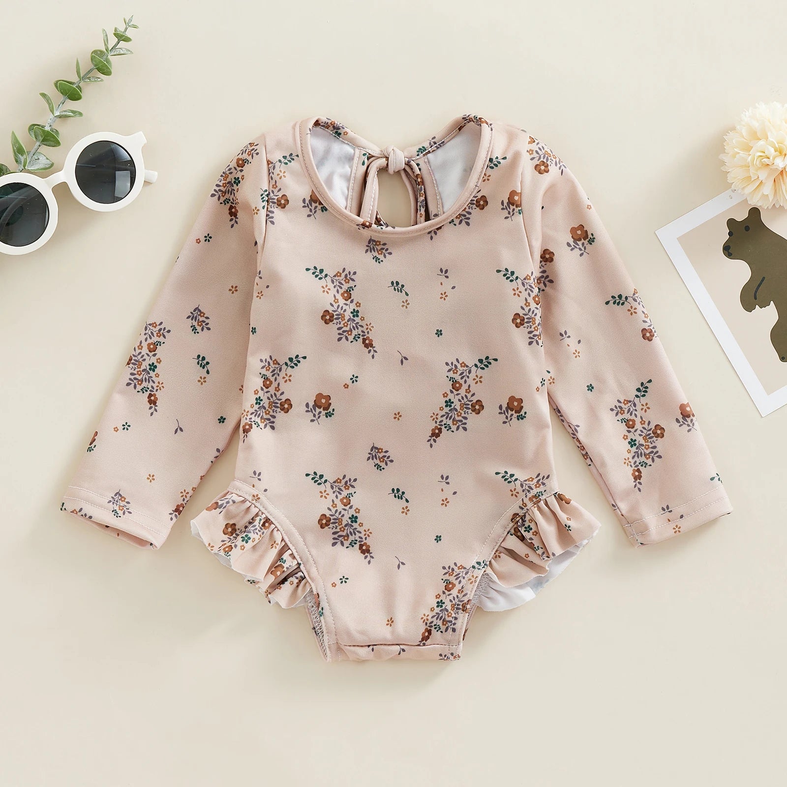 Baby Girls Floral Ruffle Long Sleeve Swimsuit 0 to 4 Years