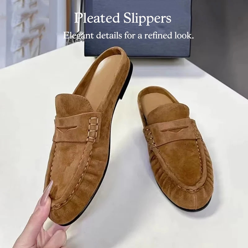 Women Leather Mules French Style Slip On Flat Slides Casual Plus Size 34-43 2026
