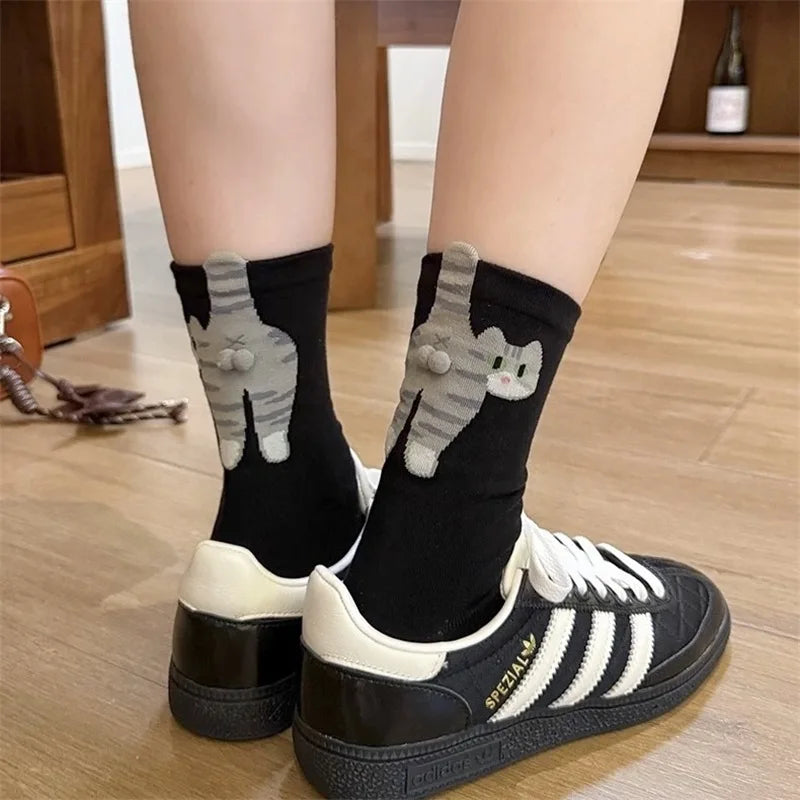 3D Cute Cat Socks Women Mid Tube Sleep Socks Black White Cat Print Floor Socks