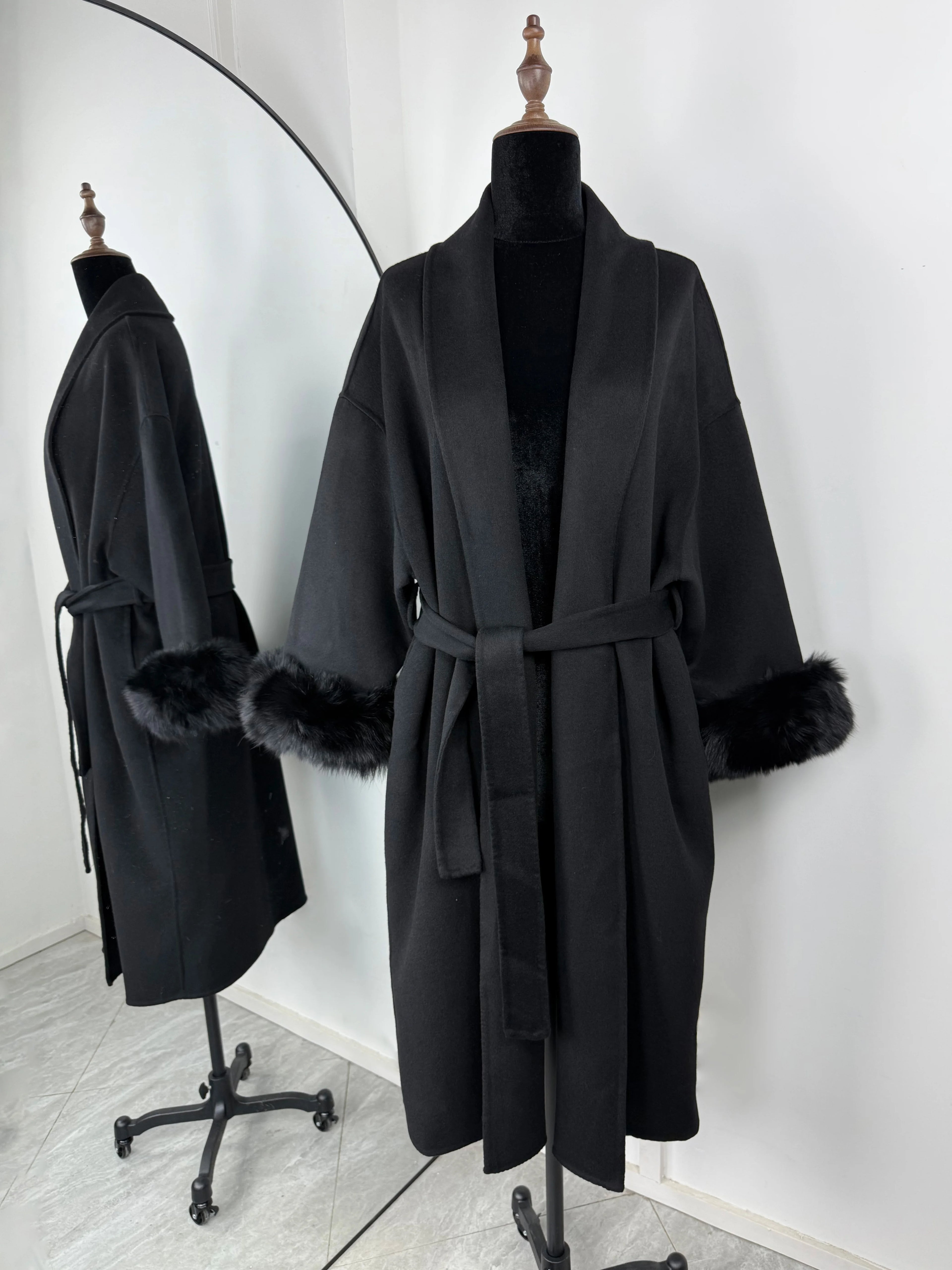 Women Wool Coat Faux Fur Collar Short Double Sided Elegant Jacket
