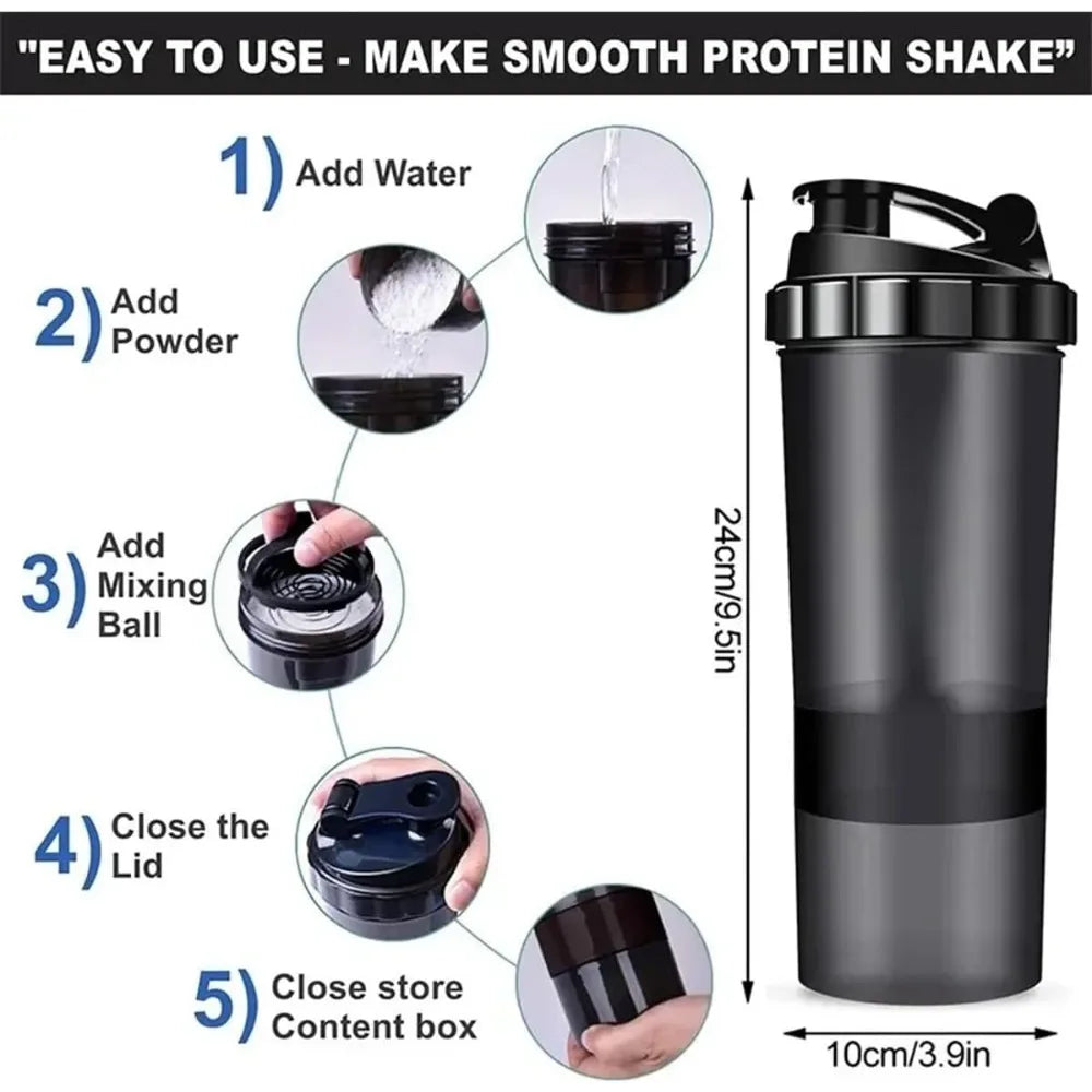 3 Layer Protein Shaker Bottle 600ml – Leakproof Gym Shaker Cup with Storage Compartments for Powder & Pills
