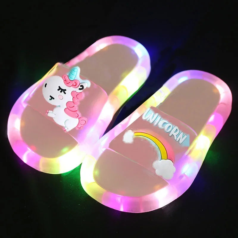 Kids LED Light Up Slippers Unicorn Cartoon Glowing Sandals Colorful Non Slip Children Slide Shoes