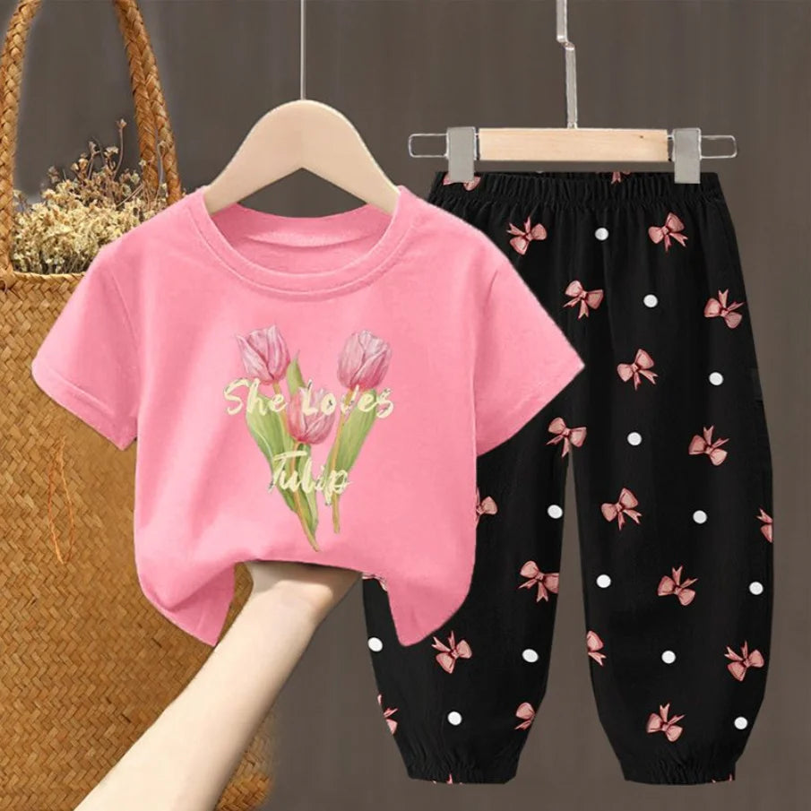 Toddler Girls Summer T-Shirt and Pants Set Cute Kids Two Piece Outfit