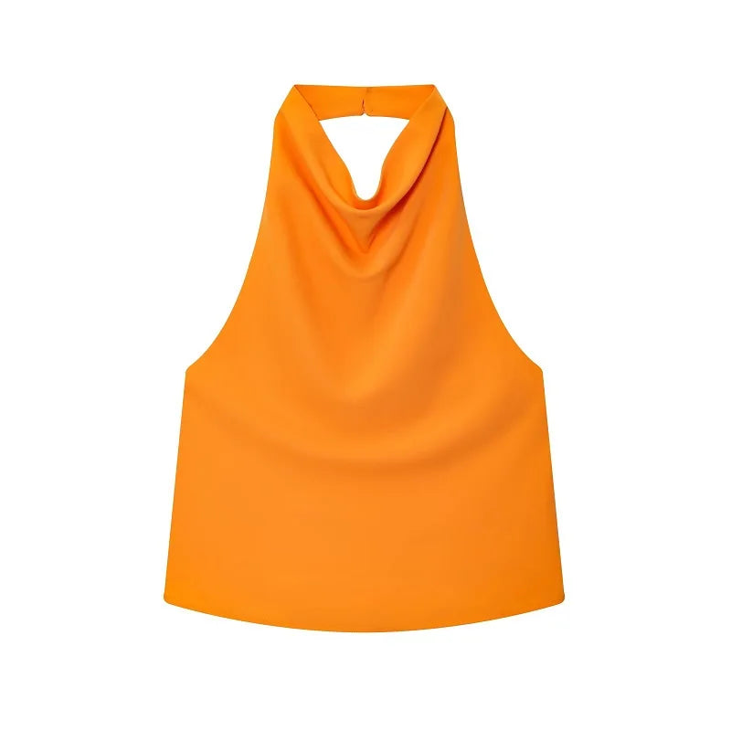 Women Satin Halter Backless Top Summer Beach Camisole Crop Top