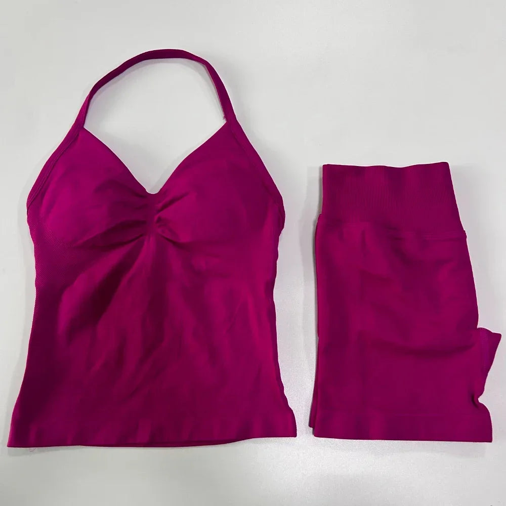 Yoga Set Women Seamless Tank Top High Waist Scrunch Shorts Gym Workout Set
