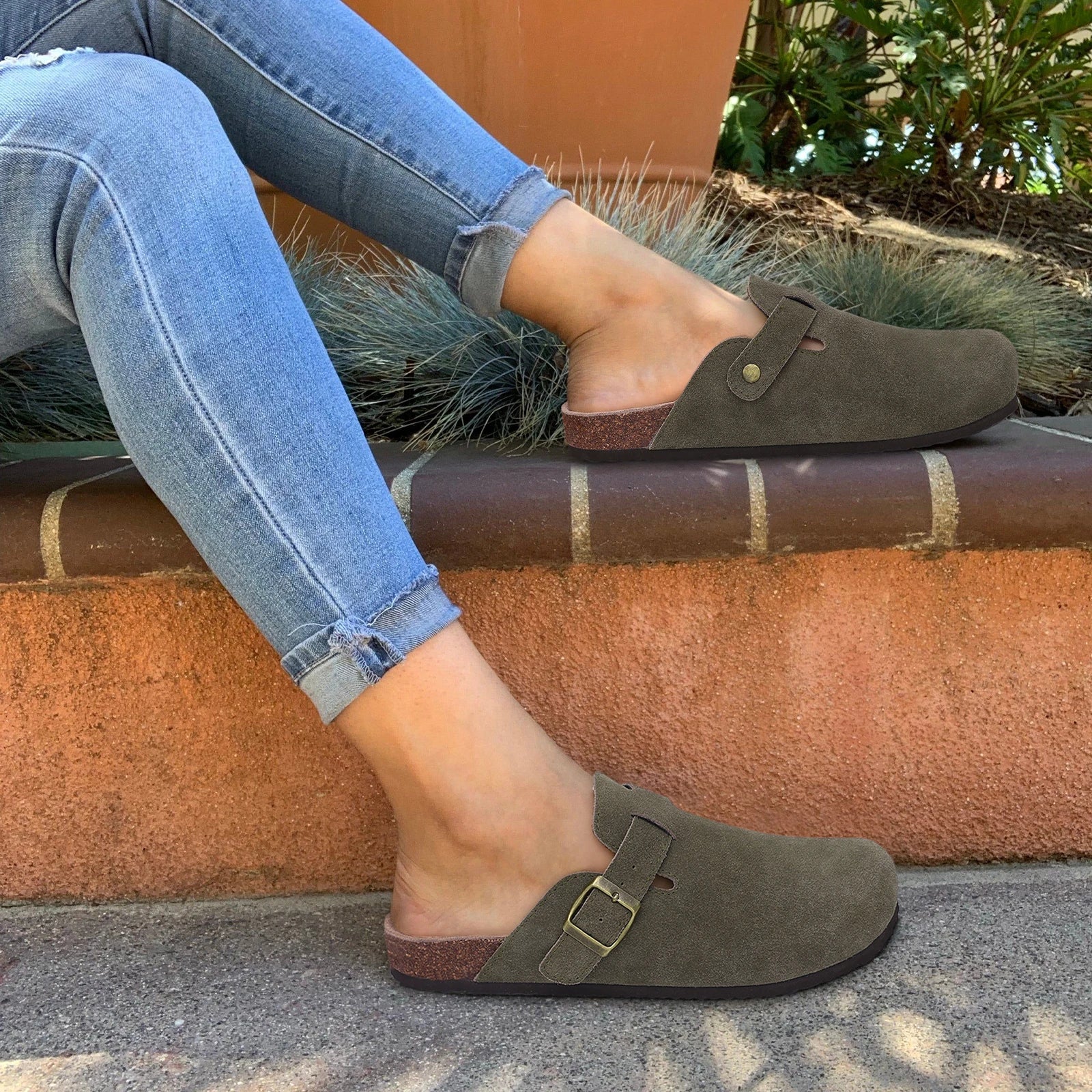Suede Mule Slippers Cork Footbed Clogs Adjustable Buckle Slides Comfort Arch Support Sandals Women Men