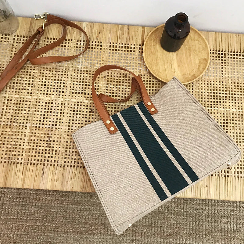 Canvas Stripe Bucket Tote Bag Large Capacity Women Handbag