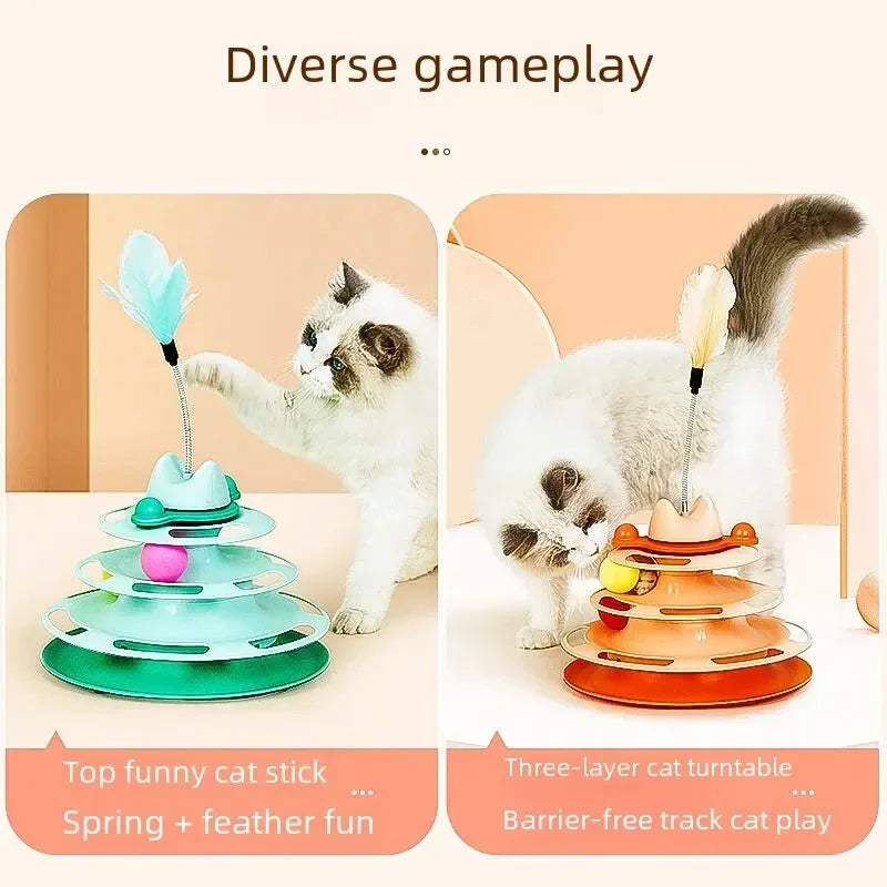 Four Layer Cat Rotating Ball Tower Toy with Feather Stick