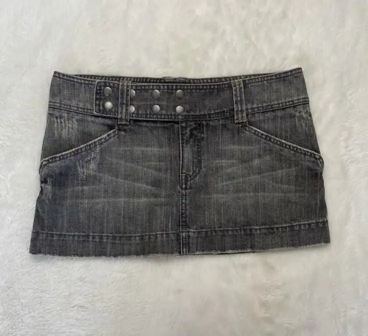 Women Y2K Low Waist Denim Mini Skirt Adjustable Waist Gothic Slim Fit Short Skirt