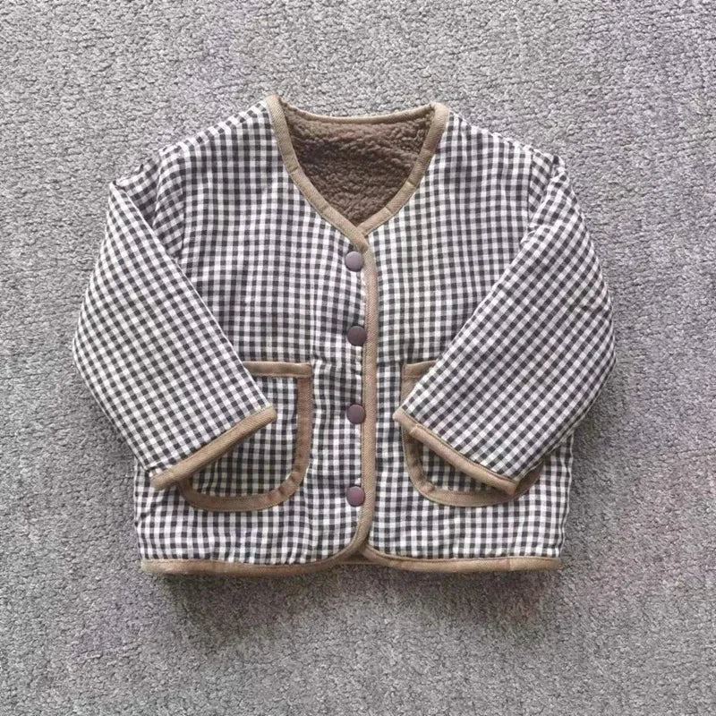 Kids Reversible Plaid Plush Jacket Warm Autumn Winter Coat Boys Girls