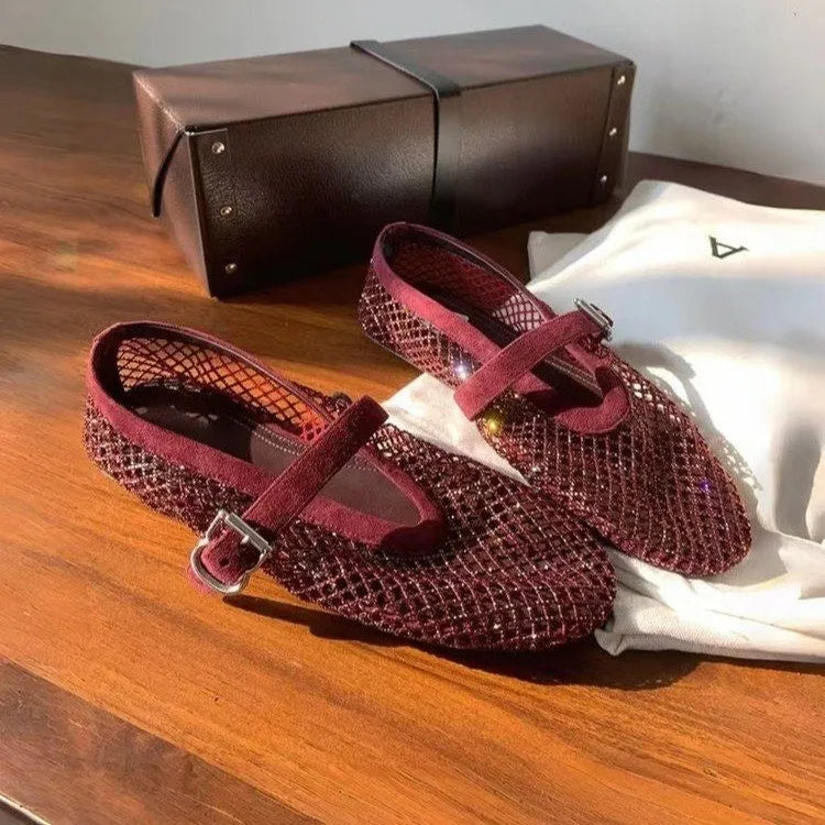 Women Fishnet Rhinestone Ballet Flats Hollow Strap Mary Jane Shoes 2026