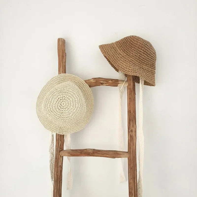 Kids Lace Straw Bow Summer Sun Hat Baby Girls Beach Panama Cap