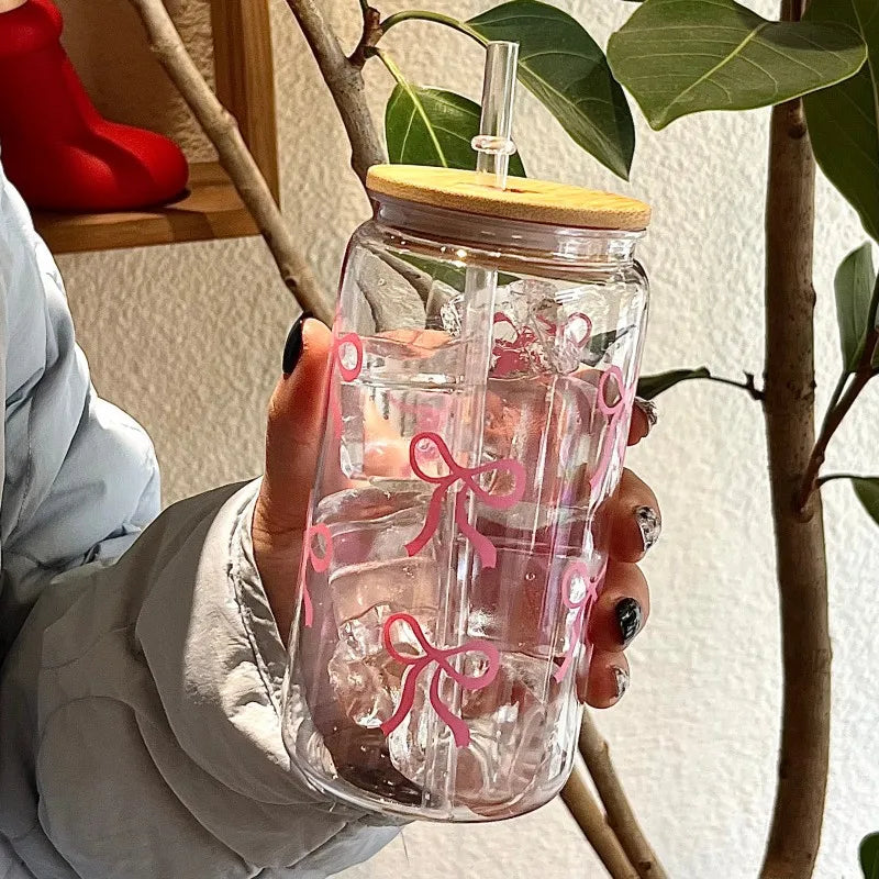 500ml Cute Bow Glass Cup Mason Jar Tumbler With Lid Straw Iced Coffee Juice Bottle