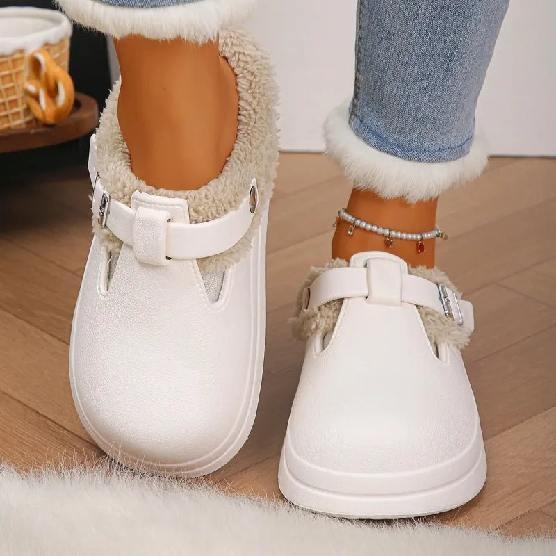 Furry Mule Slippers Women Buckle Winter Plush Warm Indoor Shoes Thick Sole Cozy Slides