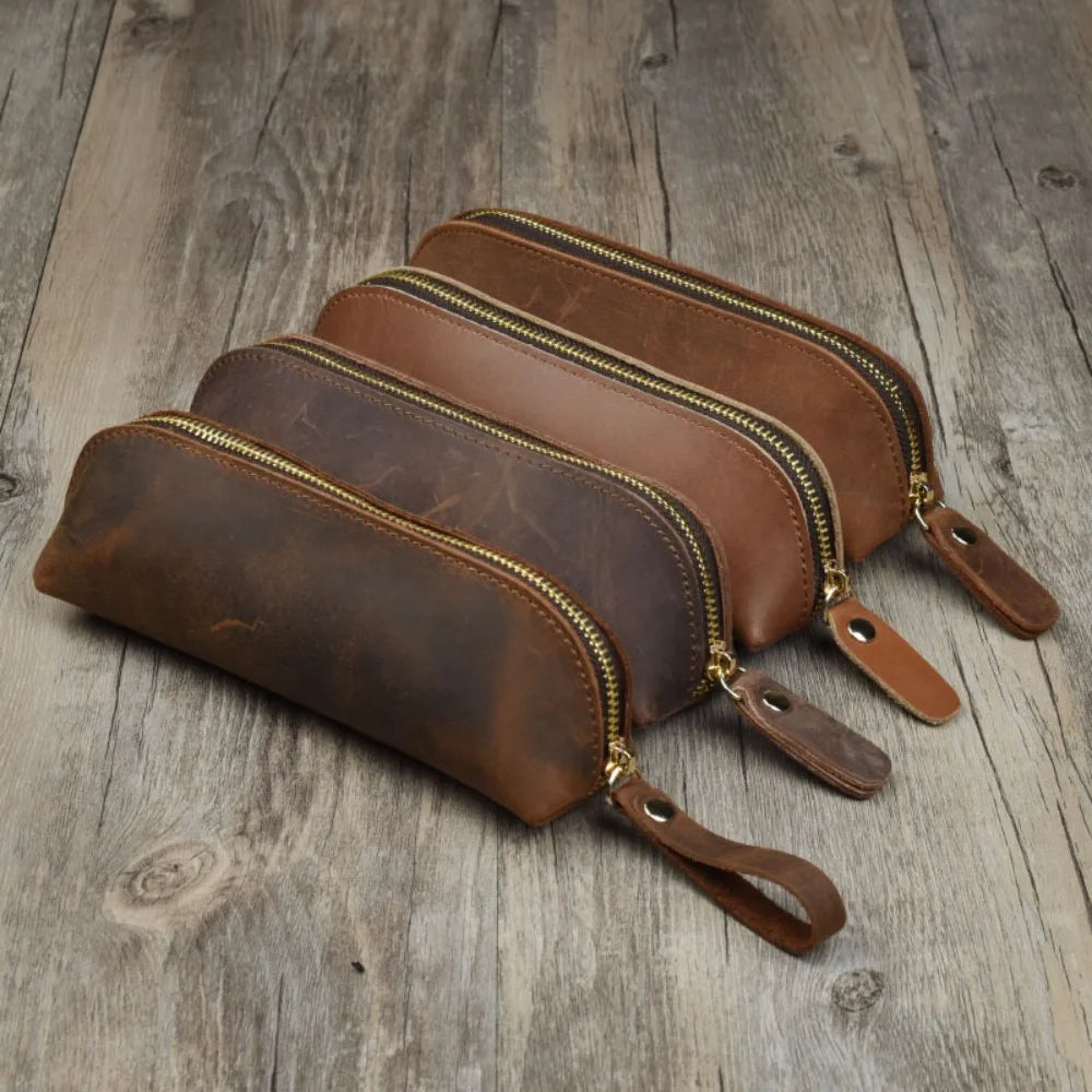 Vintage Leather Pencil Case Zipper Pouch Pen Holder Glasses Storage Bag