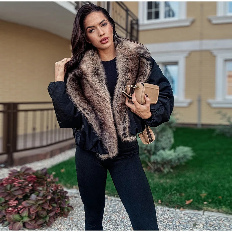 Women Faux Fur Patchwork Cropped Jacket Loose Fit Winter Warm Coat Streetwear