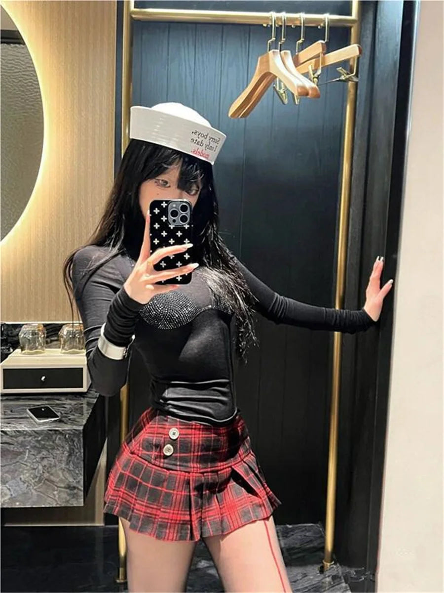 Women Y2K Plaid Pleated Mini Skirt Vintage Preppy Style Summer Skirt
