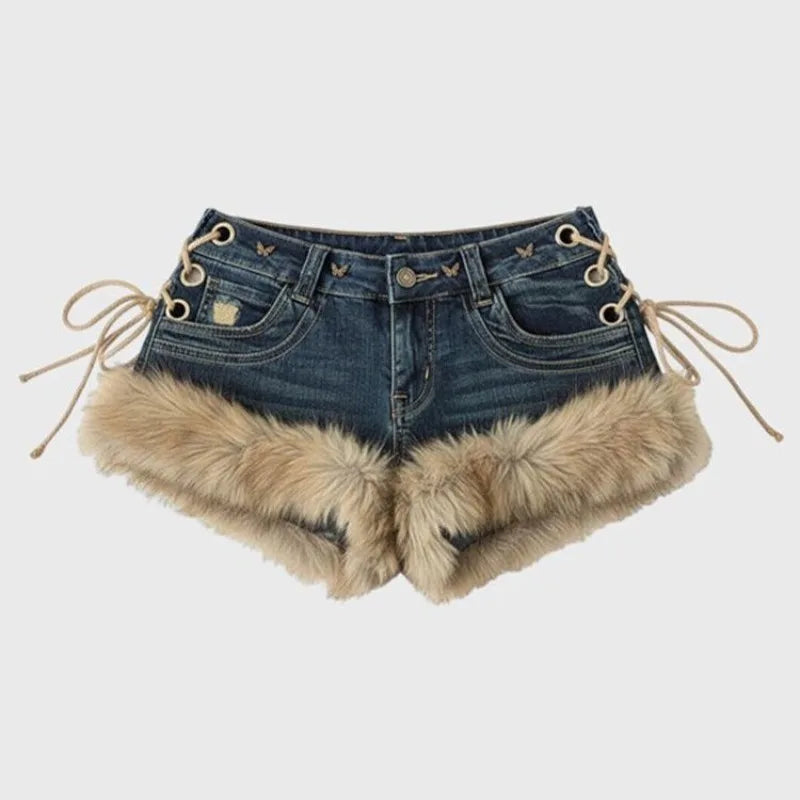 Women’s Y2K Low Rise Fluffy Denim Shorts Retro Slim Hot Pants
