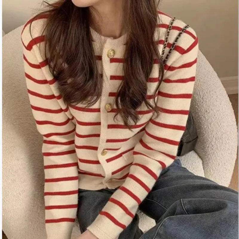 Women Striped Knit Cardigan Crop Top O Neck Long Sleeve Casual Sweater Jacket