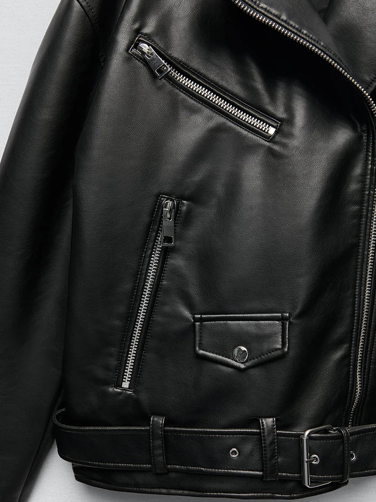 Women Black PU Leather Biker Jacket Belted Zipper Loose Fit Spring Autumn Coat