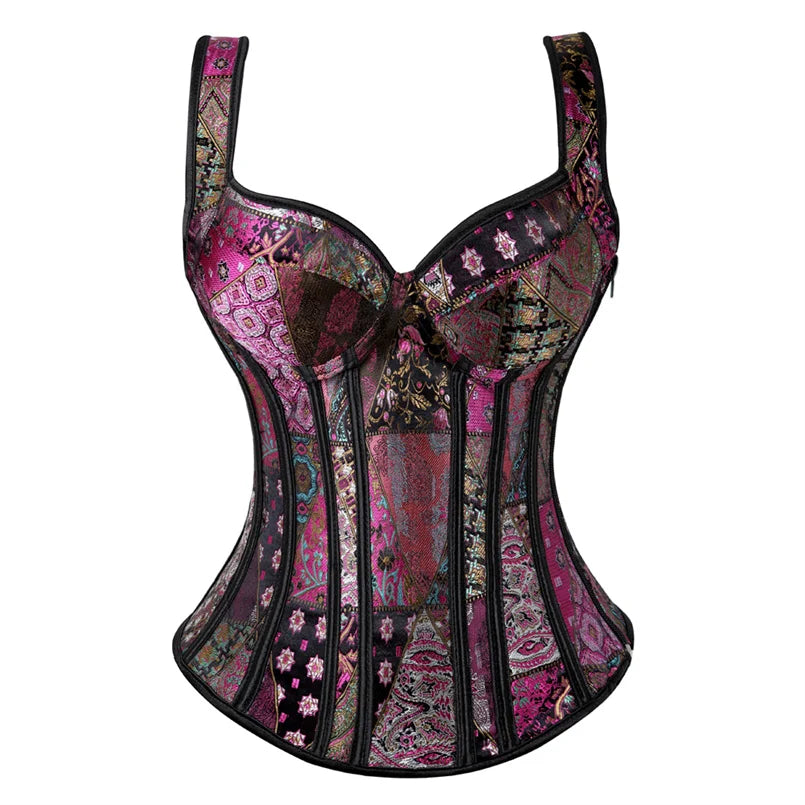 Women Black Floral Jacquard Corset Bustier Top