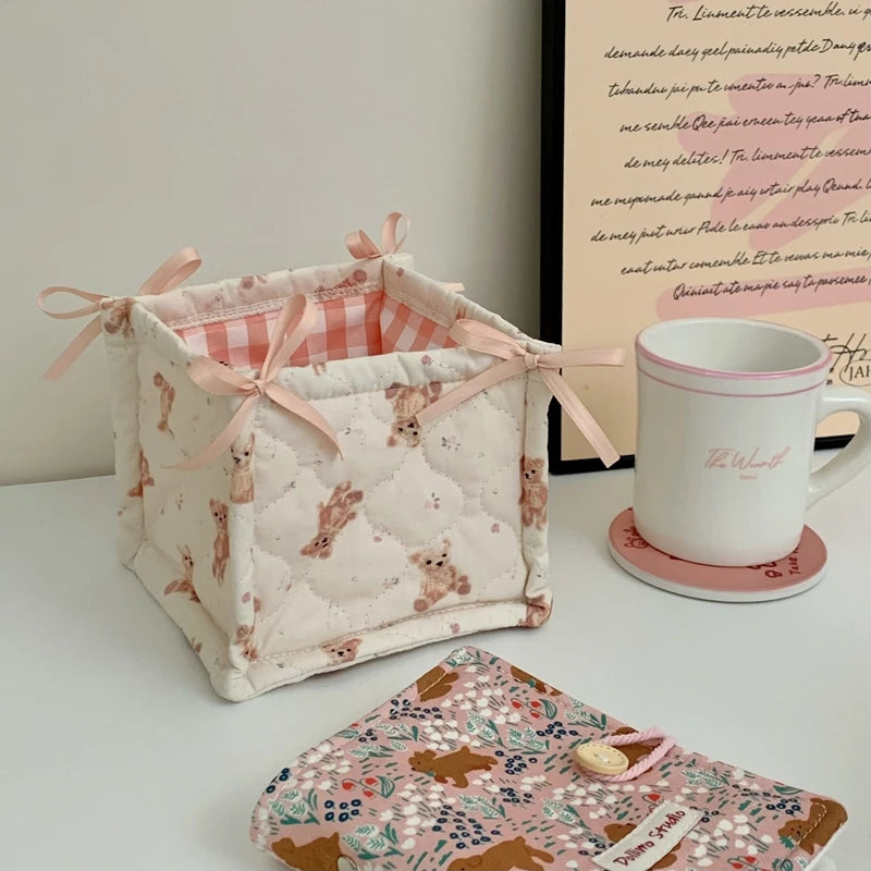 Lace Flower Quilted Square Storage Basket Desktop Organizer Home Decor Basket