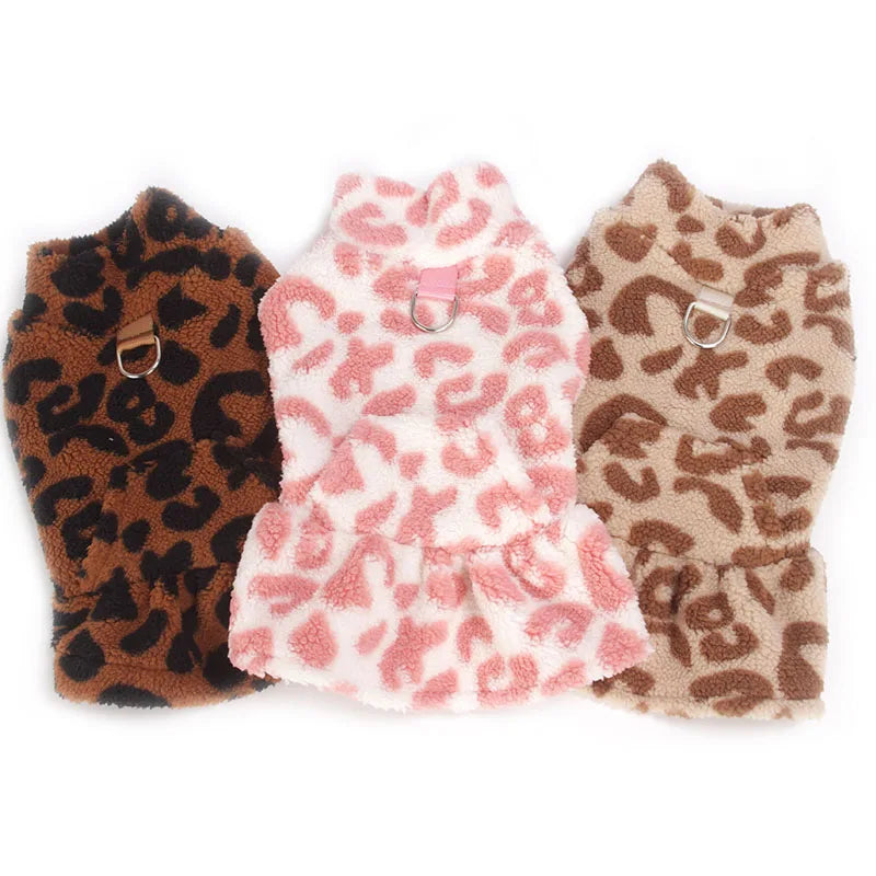 Small Dog Leopard Fleece Dress Hoodie Winter Pet Pullover Vest