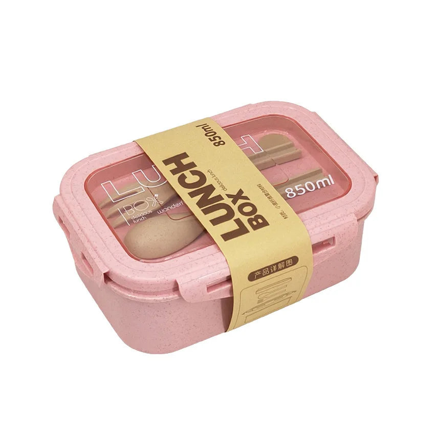 1100ml Lunch Box Bento Box with Spoon & Chopsticks Microwave Safe Wheat Straw Food Container for Kids Adults School Office