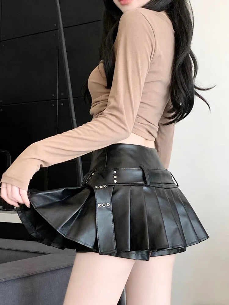 Women Gothic Black Pleated Leather Mini Skirt A Line Y2K Harajuku Emo Style