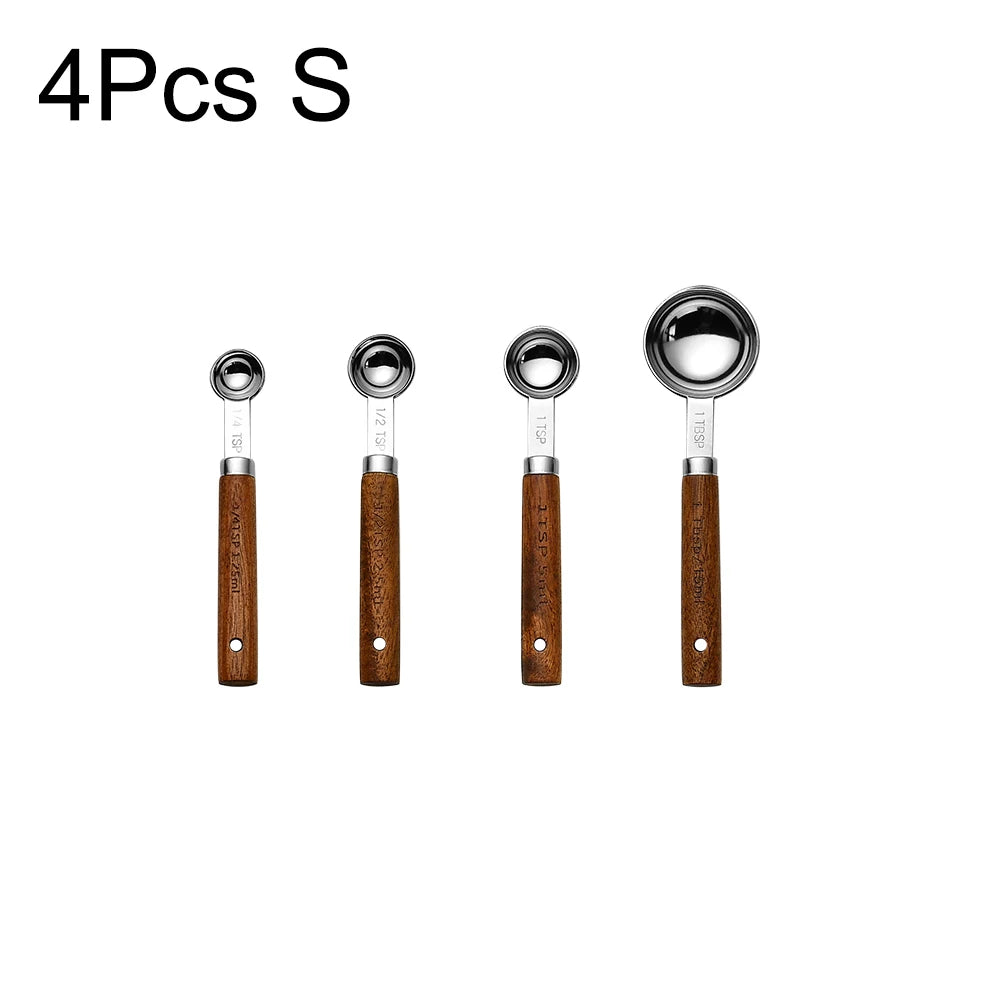 Stainless Steel Measuring Cups Spoons Set Wooden Handle Baking Coffee Tools