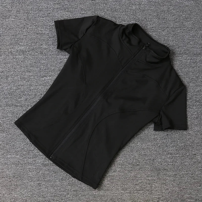 Women’s Slim Fit Full Zip Yoga Shirt Quick Dry Short Sleeve Training Top