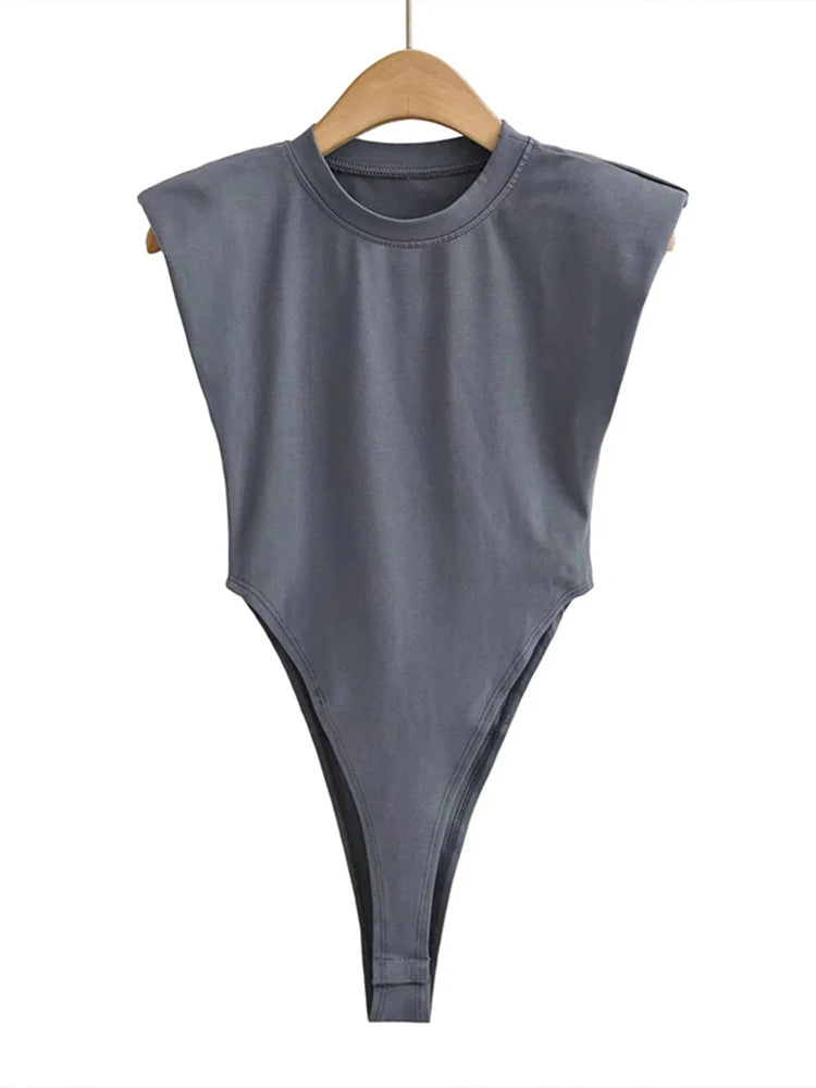 Women Sleeveless Bodycon Bodysuit Padded Shoulder Summer Sexy One Piece Top