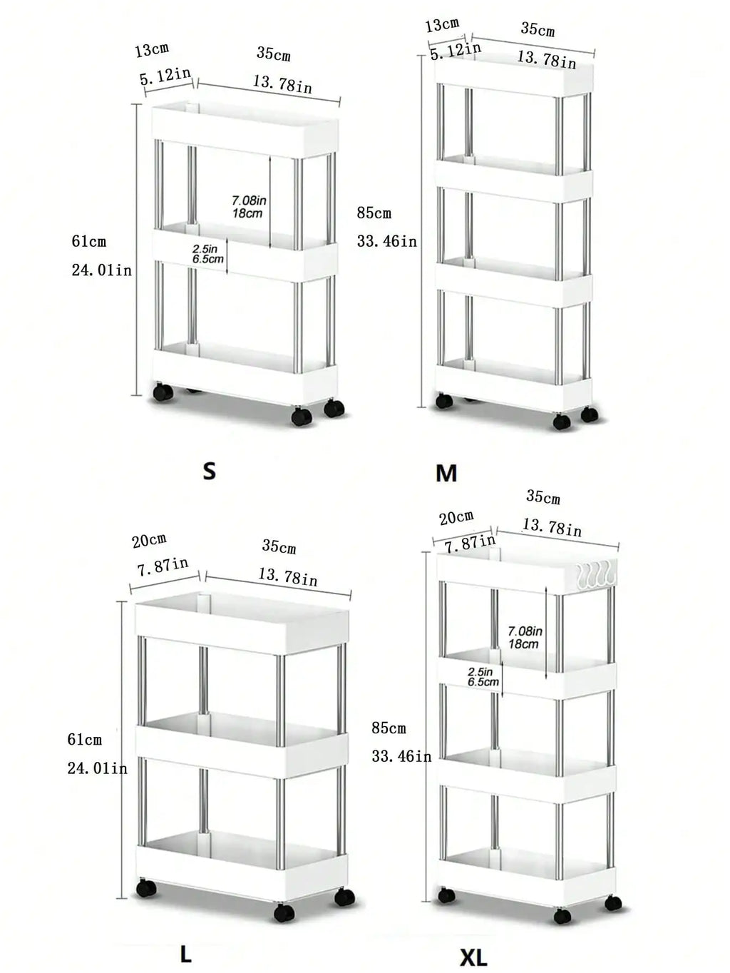 3/4 Tier Rolling Utility Cart Slim Storage Shelf Movable Kitchen Bathroom Rack