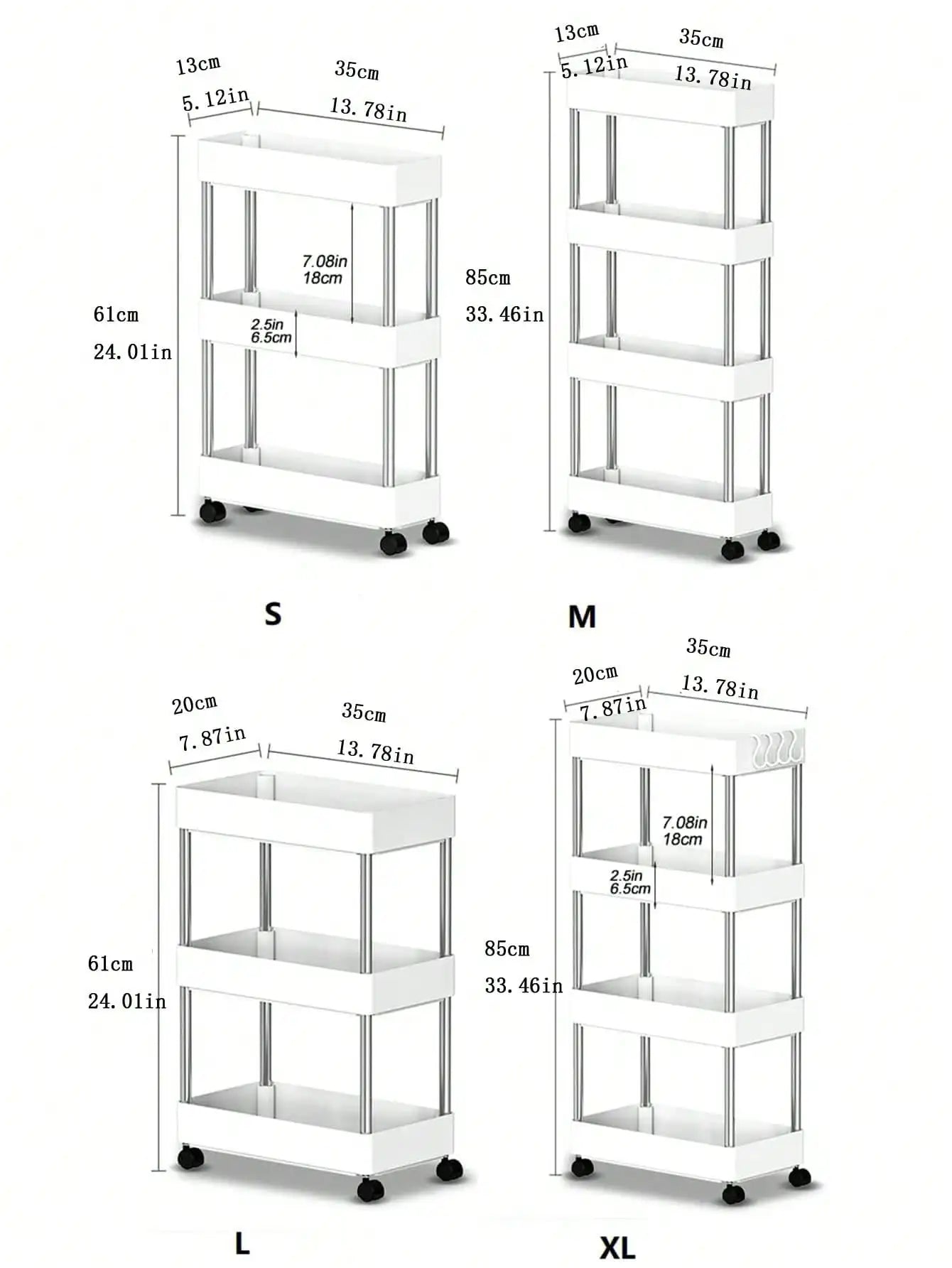 3/4 Tier Rolling Utility Cart Slim Storage Shelf Movable Kitchen Bathroom Rack