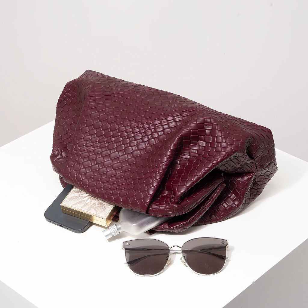 Vintage Woven Clutch Bag for Women Large Capacity Burgundy Purse