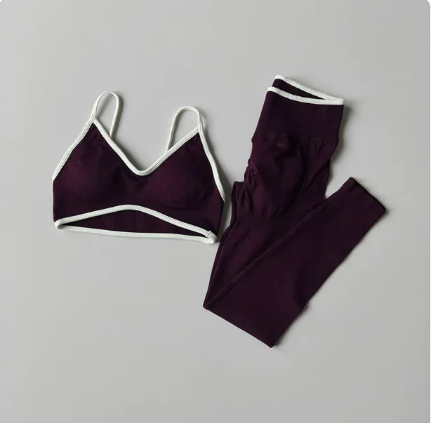 Seamless Women Sports Set Strappy Bra High Waist Sculpt Leggings Gym Fitness Suit