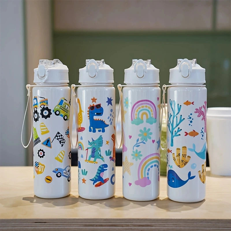 Cute Cartoon Water Bottle 750ml – Kids Leakproof Drinking Bottle with Straw for School, Travel & Gifts