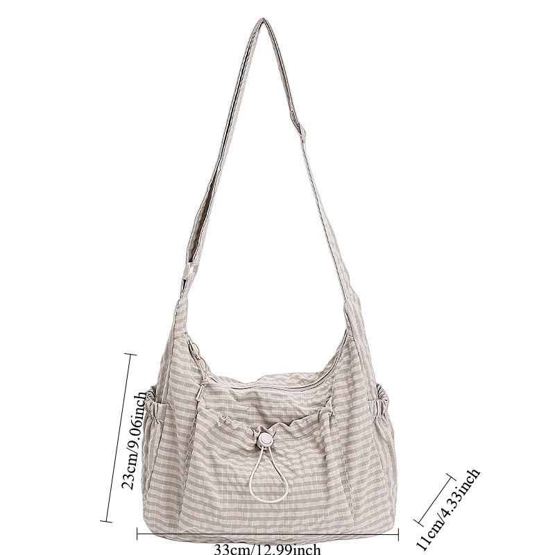 Nylon Shoulder Bag Plaid Tote Crossbody Drawstring Cloud Commuter Bag