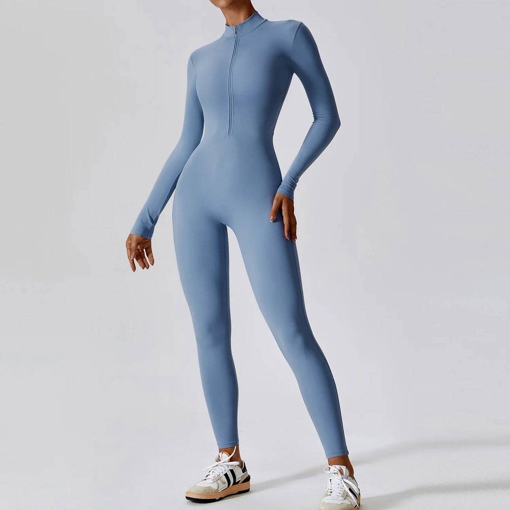 Women Long Sleeve Yoga Jumpsuit Zipper One Piece Fitness Workout Bodysuit Slim Fit