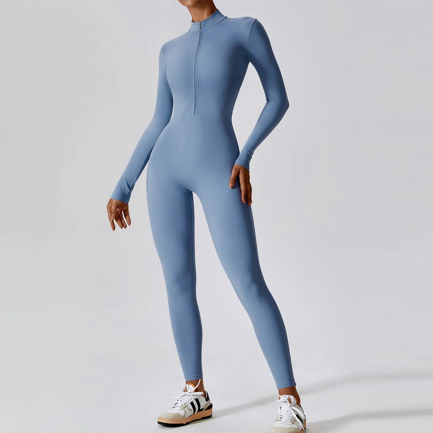 Women Long Sleeve Yoga Jumpsuit Zipper One Piece Fitness Workout Bodysuit Slim Fit