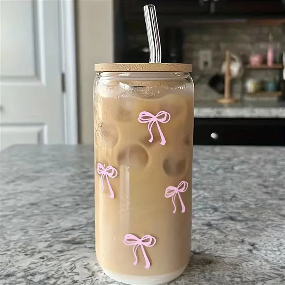Pink Bow Glass Tumbler with Lid and Straw 500ml