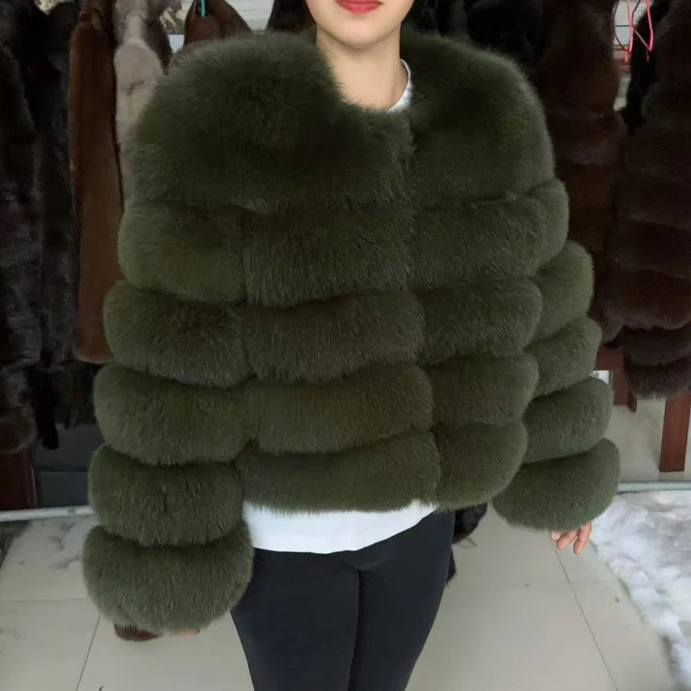Women Real Fox Fur Winter Coat Brown Leather Jacket