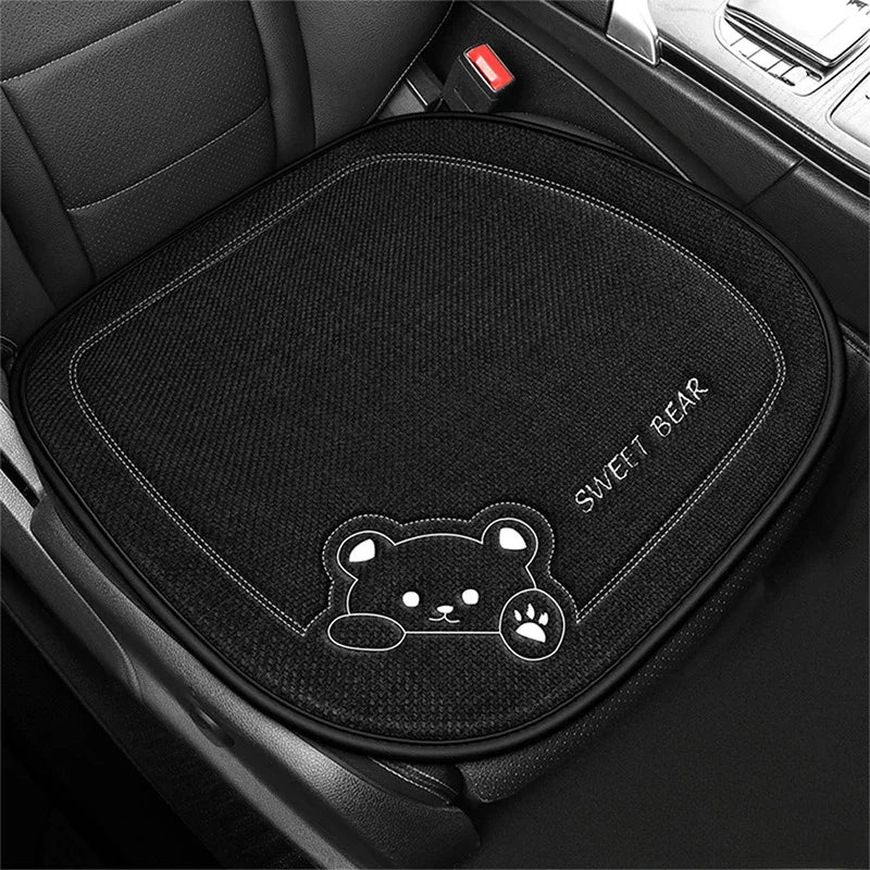 Cute Bear Car Seat Cushion Breathable Anti Slip Linen Seat Cover Universal