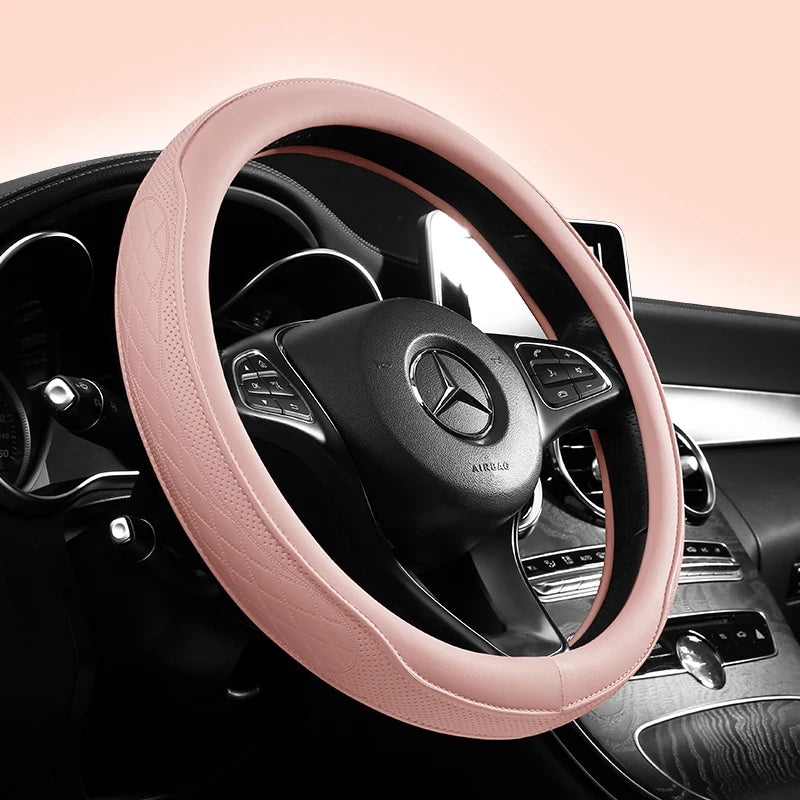 Nappa Leather Steering Wheel Cover 15 Inch Non Slip Breathable Universal Car Cover
