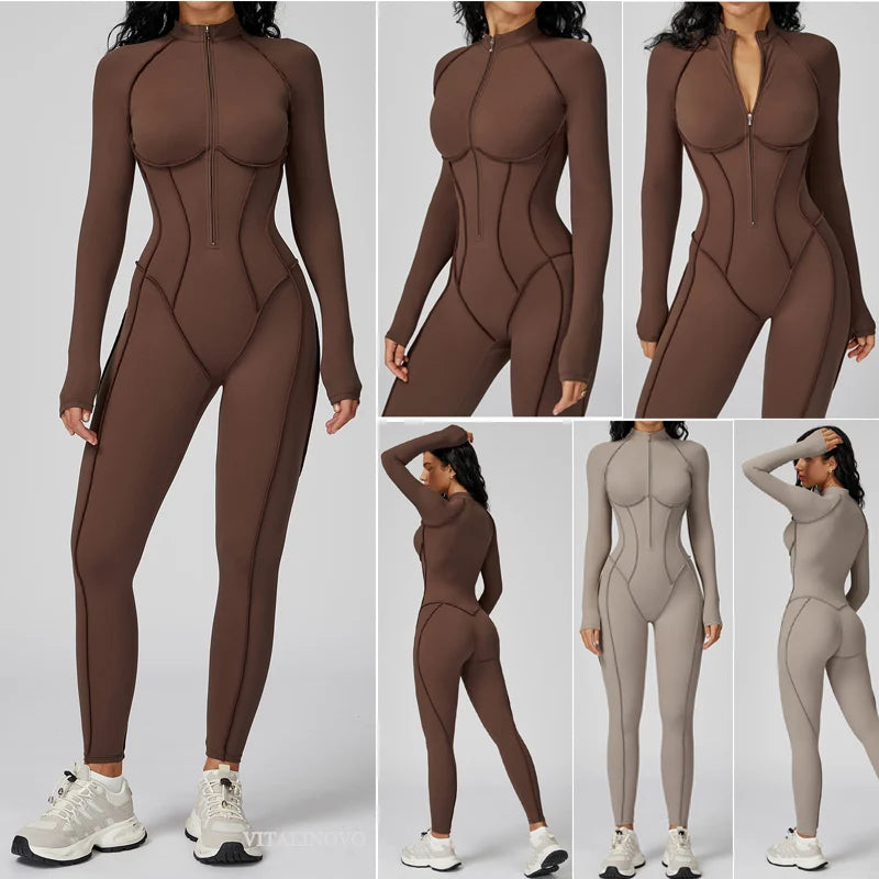 Women Zip Up Athletic Romper Onesie Workout Jumpsuit