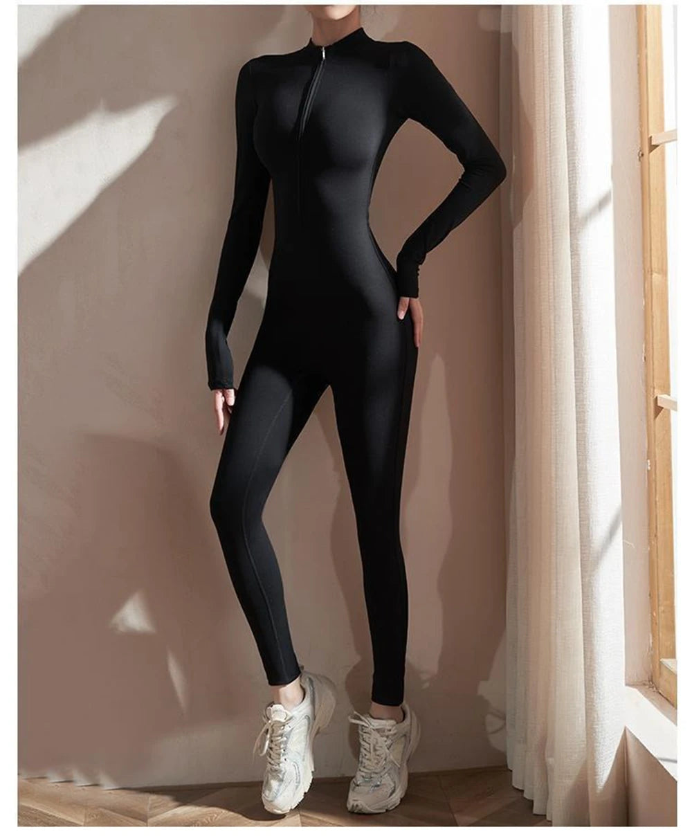 Women Long Sleeve Yoga Jumpsuit Slim Fit Zipper Fitness One Piece Sports Romper