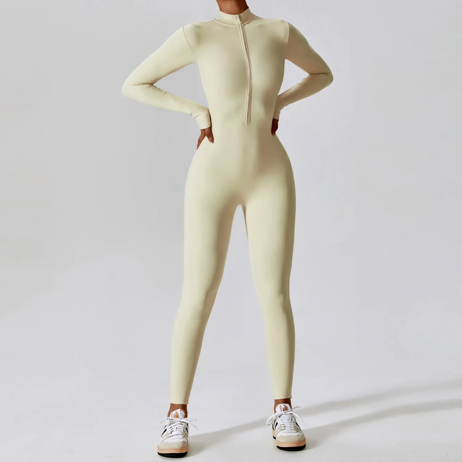 Women Long Sleeve Yoga Jumpsuit Zipper One Piece Fitness Workout Bodysuit Slim Fit