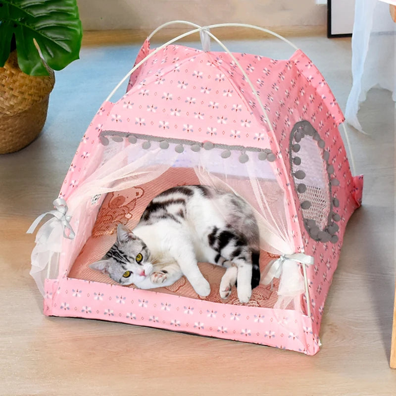 Floral Cat Tent Bed Semi Enclosed Pet Nest